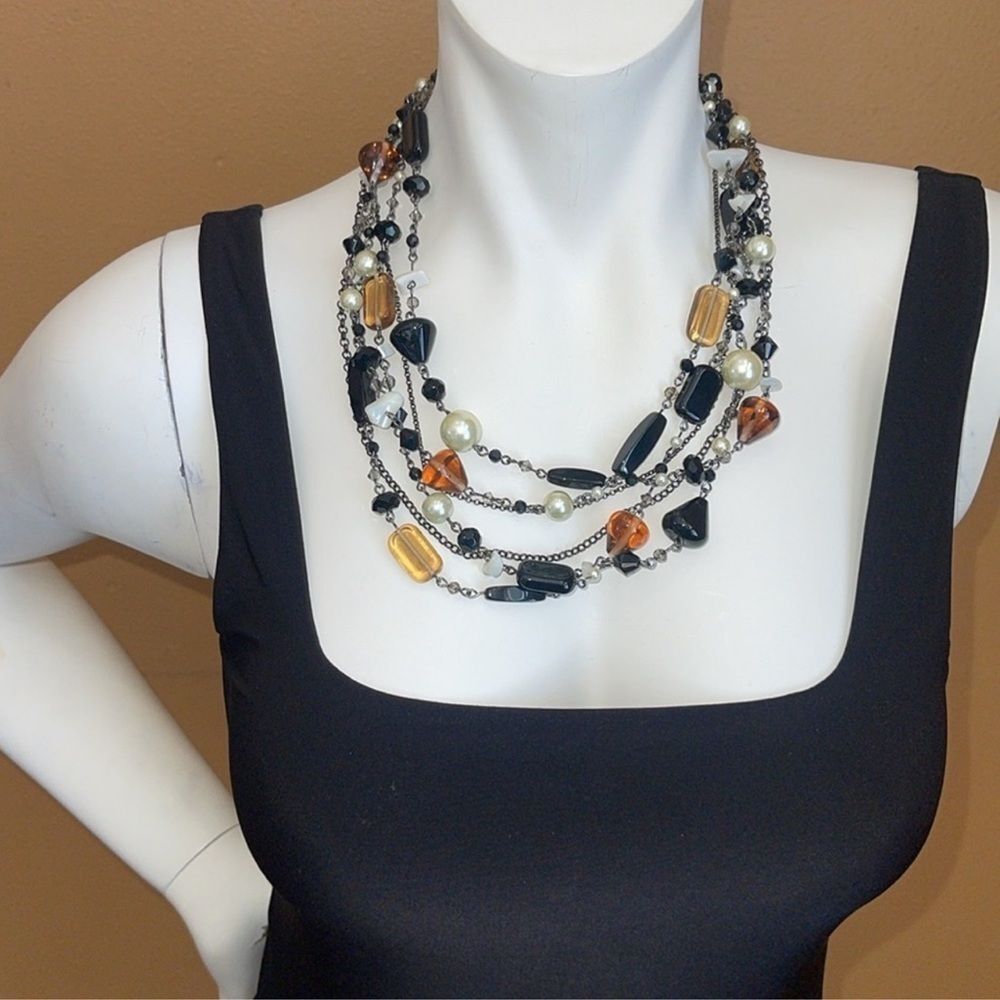 NWT Lia Sophia Vixen Multi Strand Black Amber Glass FauxPearl MOP Black Necklace